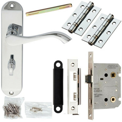 Door Handle & Bathroom Lock Pack Chrome Curved Lever Thumb Turn Backplate from B&Q