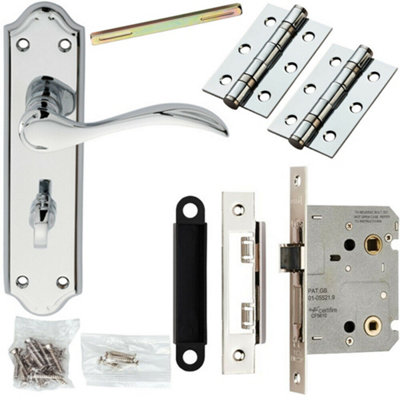  - Door Handle & Bathroom Lock Pack Chrome Victorian Curved Thumb Turn Backplate