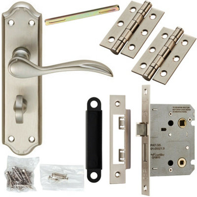 Door Handle & Bathroom Lock Pack Satin Chrome Victorian Curved Ornate Backplate from B&Q