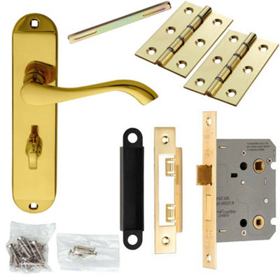 B&Q Door Handle & Bathroom Lock Pack Brass Modern Scroll Thumbturn Slim Backplate