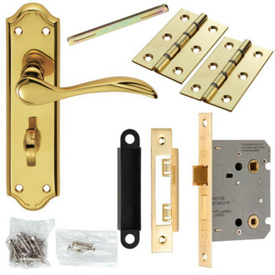  - Door Handle & Bathroom Lock Pack Brass Victorian Curved Thumbturn Backplate