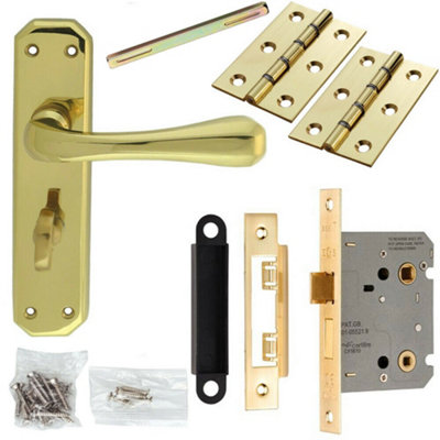 - Door Handle & Bathroom Lock Pack Brass Smooth Flared Bar Thumb Turn Backplate