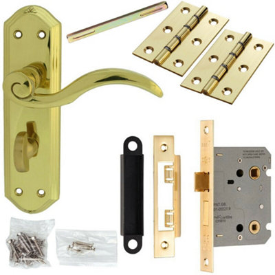B&Q Door Handle & Bathroom Lock Pack Brass Spiral Scroll Thumb Turn Backplate