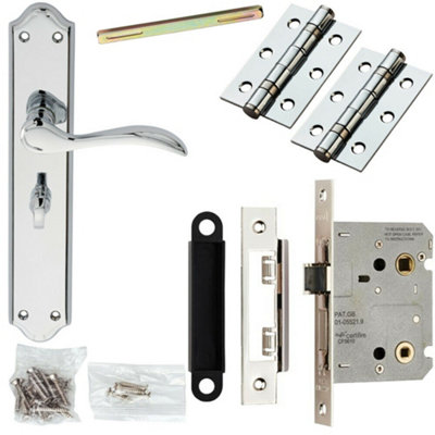  - Door Handle & Bathroom Lock Pack Chrome Tall Victorian Thumb Turn Backplate