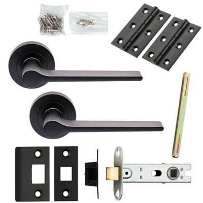  - Door Handle & Latch Pack Matt Black Straight Rounded Bar Screwless Round Rose