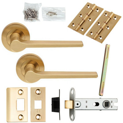  - Door Handle & Latch Pack Satin Brass Straight Round Bar Screwless Round Rose