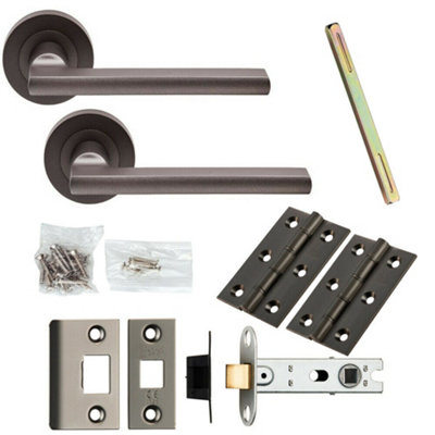  - Door Handle & Latch Pack Matt Bronze Plinth Mounted Bar Screwless Round Rose