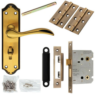  - Door Handle & Bathroom Lock Pack Bronze Curved Lever Thumb Turn Backplate