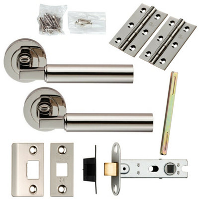 B&Q Door Handle & Latch Pack Polished Nickel Round Bar Lever Screwless Round Rose