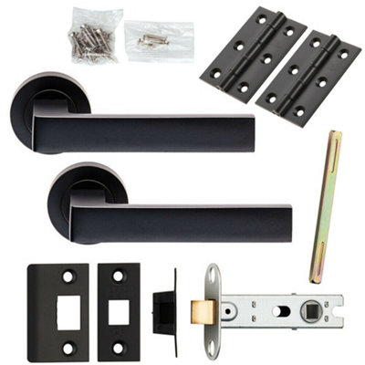  - Door Handle & Latch Pack Matt Black Straight Square Lever Screwless Round Rose