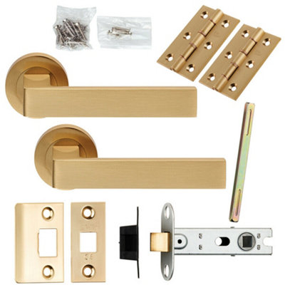 Door Handle & Latch Pack Satin Brass Straight Lever Screwless Round Rose from B&Q