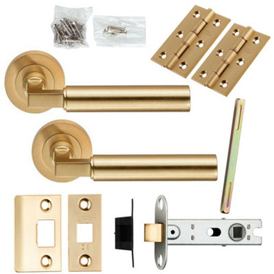 Door Handle & Latch Pack Satin Brass Straight Round Lever Screwless Round Rose from B&Q