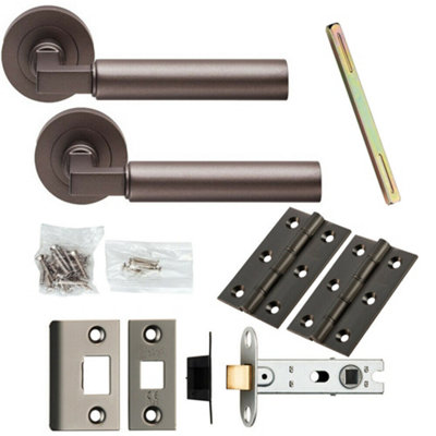  - Door Handle & Latch Pack Matt Bronze Straight Round Bar Screwless Round Rose