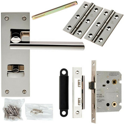 B&Q Door Handle & Bathroom Lock Pack Polished Nickel Flat Lever Turn Backplate