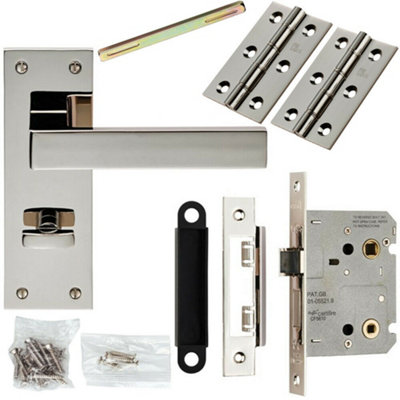 B&Q Door Handle & Bathroom Lock Pack Polished Nickel Square Lever Turn Backplate
