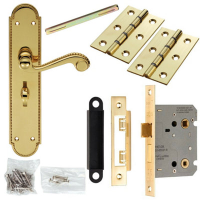  - Door Handle & Bathroom Lock Pack Brass Victorian Scroll Lever Turn Backplate