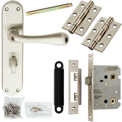  - Door Handle & Bathroom Lock Pack Satin Chrome Smooth Flared Lever Backplate