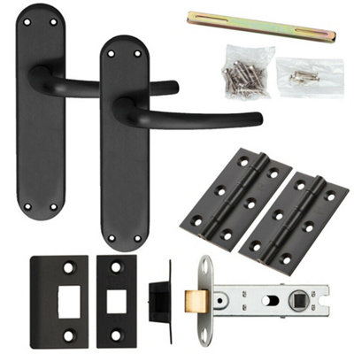 Door Handle & Latch Pack Matt Black Curved Round Lever Slim Curved Backplate from B&Q