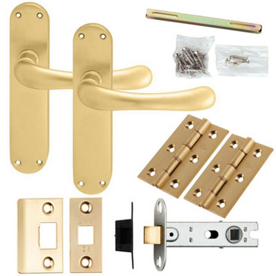 Door Handle & Latch Pack Satin Brass Smooth Rounded Lever Curved Backplate from B&Q