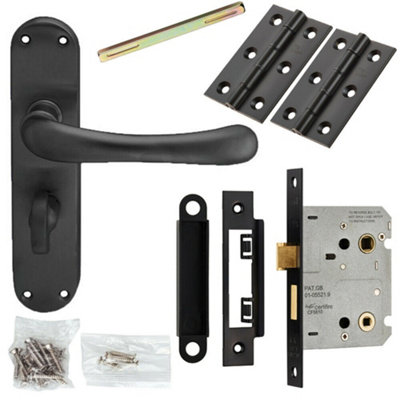  - Door Handle & Bathroom Lock Pack Matt Black Smooth Round Lever Turn Backplate