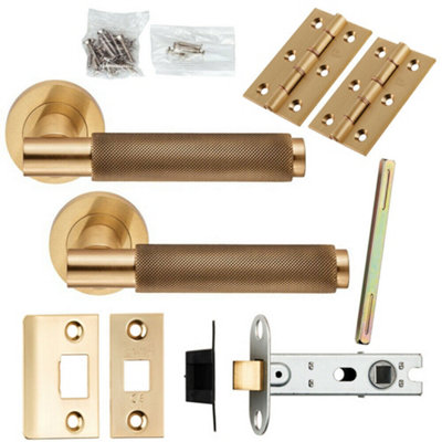  - Door Handle & Latch Pack Satin Brass Knurled Round Lever Screwless Round Rose