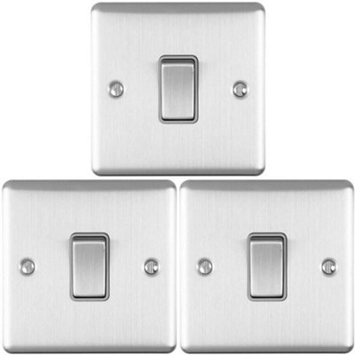  - 3 Pack 1 Gang Single Light Switch Satin Steel 2 Way 10A Grey Trim & Metal