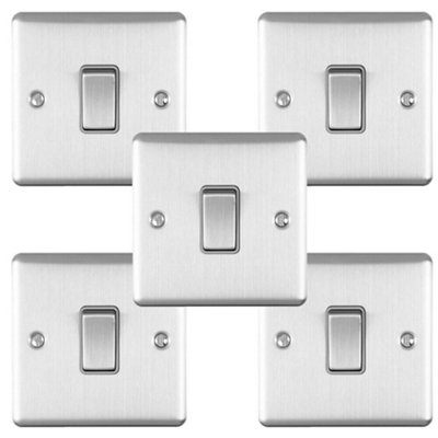  - 5 Pack 1 Gang Single Light Switch Satin Steel 2 Way 10A Grey Trim & Metal