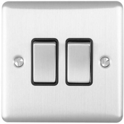  - 2 Gang Double Light Switch Satin Steel 2 Way 10A Black Trim & Metal Rocker