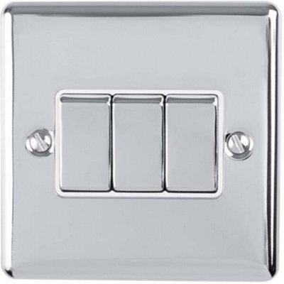  - 3 Gang Triple Light Switch Satin Steel 2 Way 10A Grey Trim & Metal Rocker