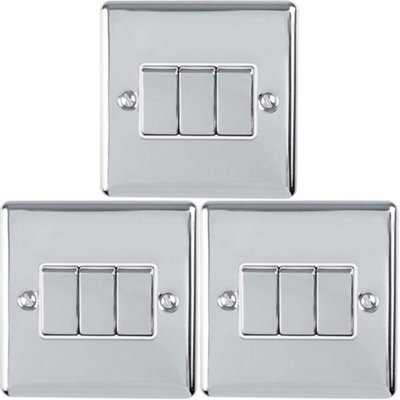  - 3 Pack 3 Gang Triple Metal Light Switch Satin Steel 2 Way 10A Grey Trim
