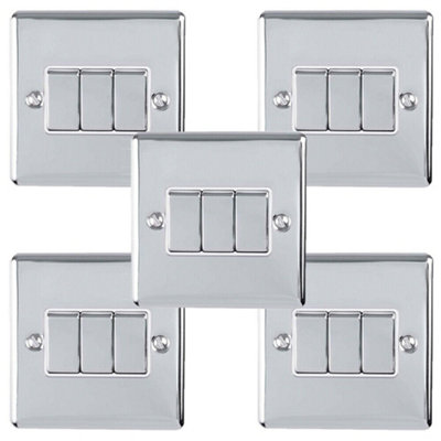  - 5 Pack 3 Gang Triple Metal Light Switch Satin Steel 2 Way 10A Grey Trim