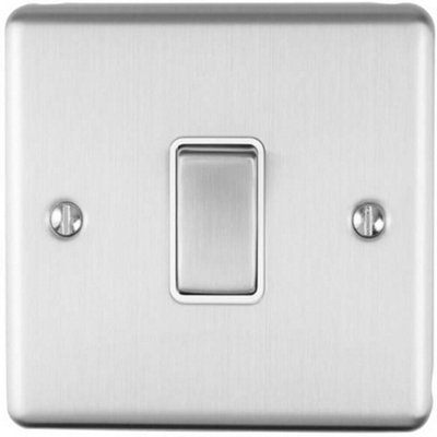  - 1 Gang Single Intermediate Light Switch Satin Steel & White 10A Metal Rocker