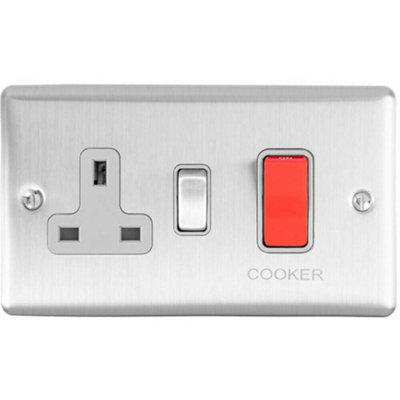  - 45A Dp Oven Switch & Single 13A Switched Power Socket Satin Steel & Grey Trim