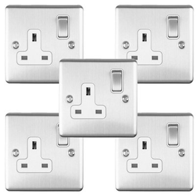  - 5 Pack 1 Gang Single Uk Plug Socket Satin Steel 13A Switched White Trim Plate