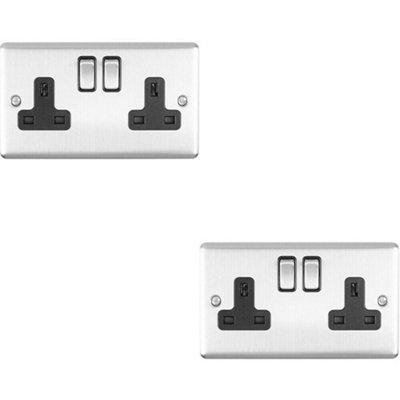 B&Q 2 Pack 2 Gang Double Uk Plug Socket Satin Steel & 13A Switched Outlet Black