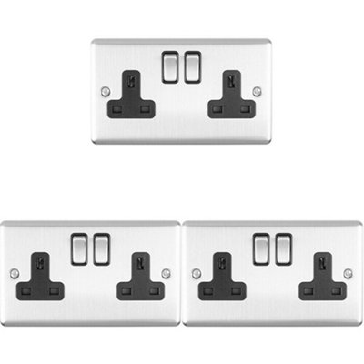  - 3 Pack 2 Gang Double Uk Plug Socket Satin Steel & Black 13A Switched Outlet