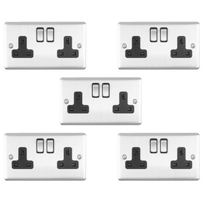  - 5 Pack 2 Gang Double Uk Plug Socket Satin Steel & Black 13A Switched Outlet