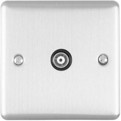  - Satin Steel Single Aerial Satellite Coaxial Socket Female Wall Plate Black Trim