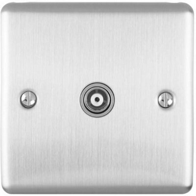  - Satin Steel Single Aerial Satellite Coaxial Socket Female Wall Plate Grey Trim