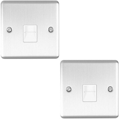  - 2 Pack Bt Master Telephone Socket Satin Steel & White Pstn Line Wall Plate
