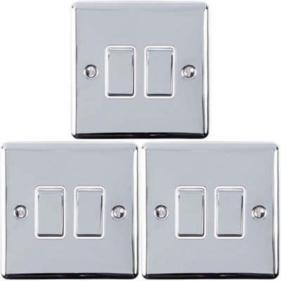  - 3 Pack 2 Gang Double Metal Light Switch Polished Chrome 2 Way 10A White Trim