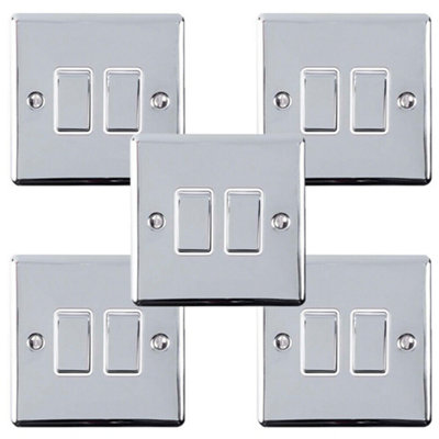  - 5 Pack 2 Gang Double Metal Light Switch Polished Chrome 2 Way 10A White Trim