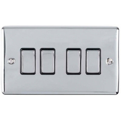  - 4 Gang Quad Light Switch Polished Chrome 2 Way 10A Black Trim & Metal Rocker