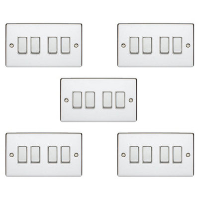  - 5 Pack 4 Gang Metal Quad Light Switch Polished Chrome 2 Way 10A White Trim