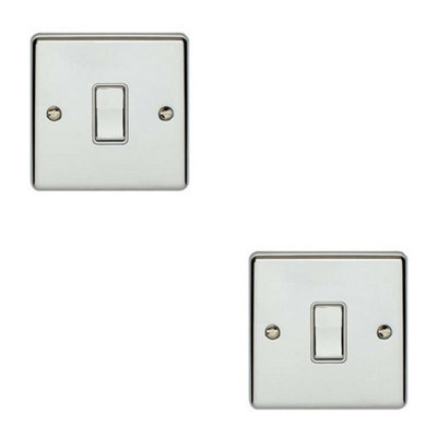  - 2 Pack 1 Gang Single Intermediate Light Switch Chrome & White 10A Rocker