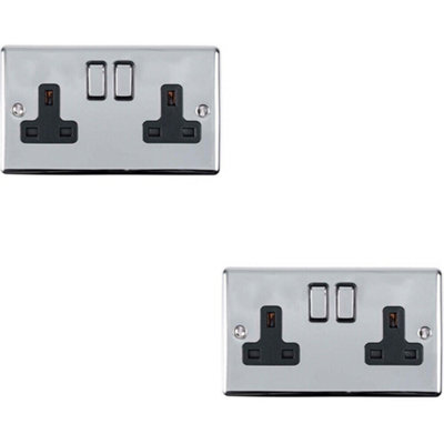  - 2 Pack 2 Gang Double Uk Plug Socket Polished Chrome 13A Switched Black Trim