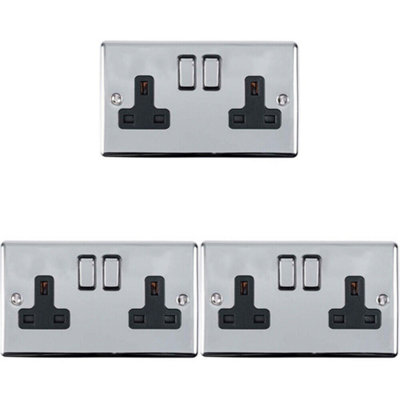  - 3 Pack 2 Gang Double Uk Plug Socket Polished Chrome 13A Switched Black Trim
