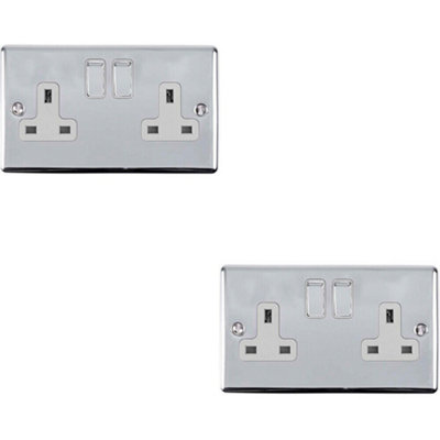  - 2 Pack 2 Gang Double Uk Plug Socket Polished Chrome 13A Switched White Trim