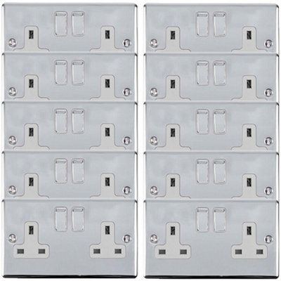  - 10 Pack 2 Gang Double Uk Plug Socket Polished Chrome 13A Switched White Trim