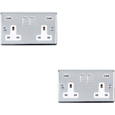  - 2 Pack 2 Gang Single Uk Plug Socket & 2.1A Usb Chrome & White 13A Switched